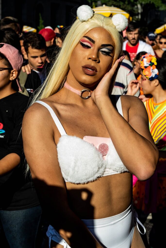 person wearing white and pink rabbit costume